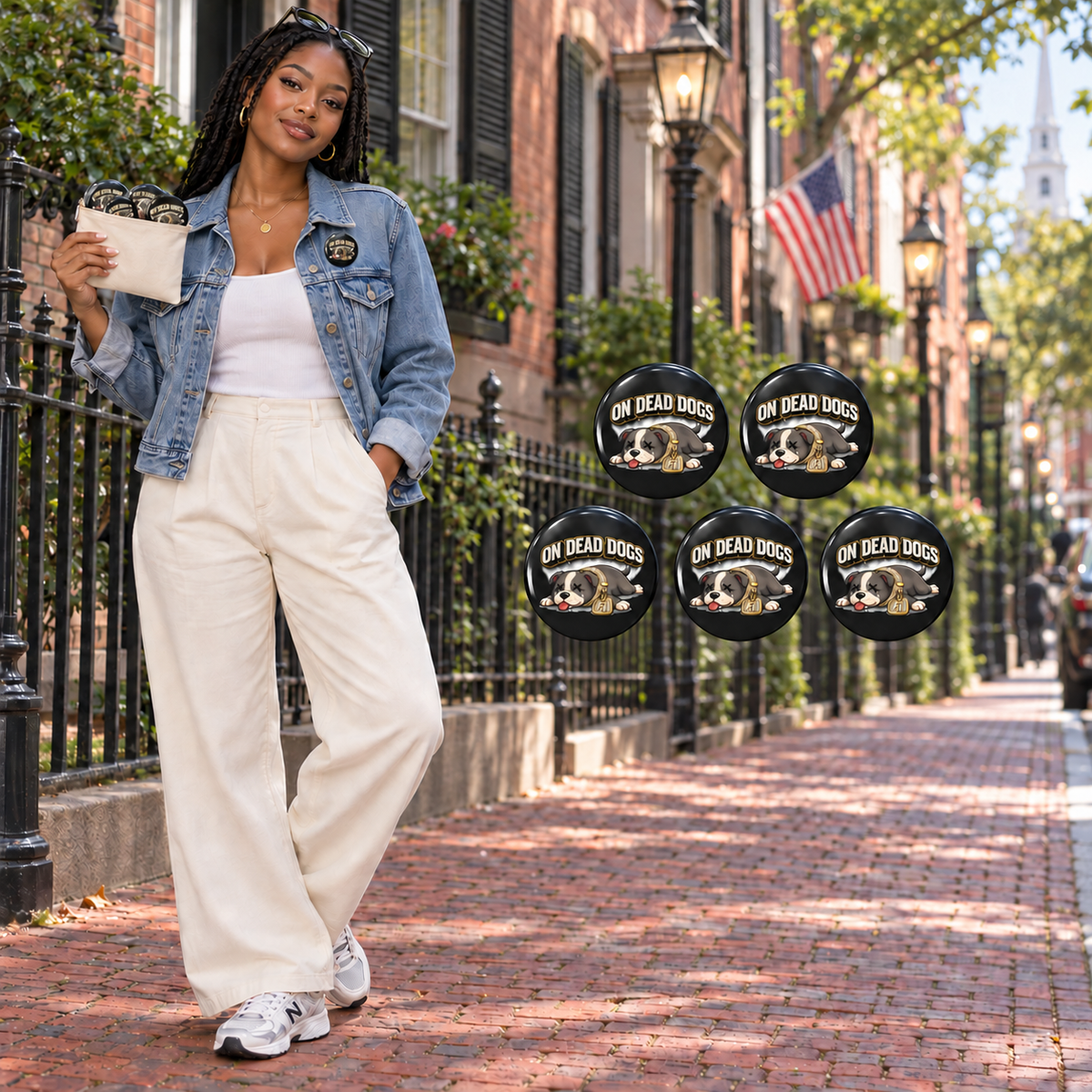 Black woman wearing On Dead Dogs pin in Boston with five matching black pin buttons