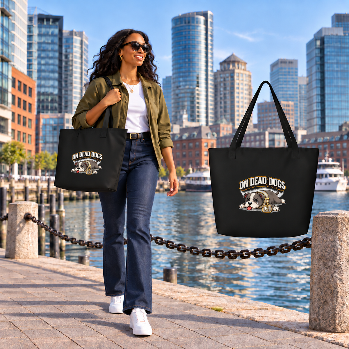 Black adult woman in Boston Seaport with On Dead Dogs large pocket tote and larger front artwork