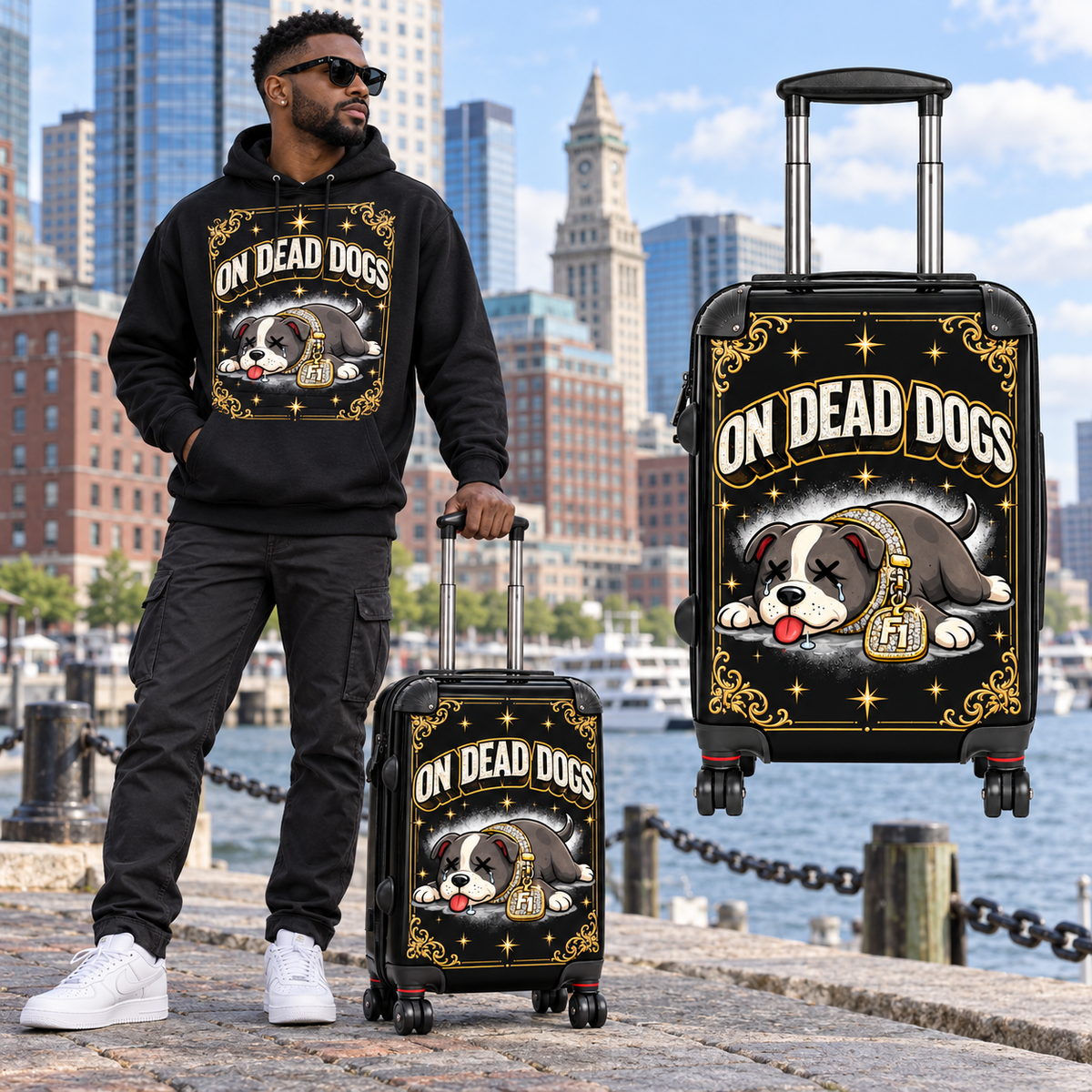 Black model in Boston with the On Dead Gold Frame Original hard-shell suitcase and matching hoodie