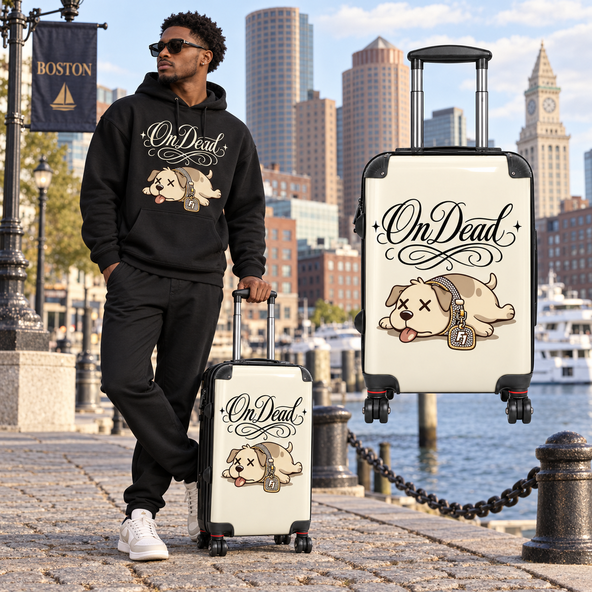 Black model in Boston with the On Dead Ivory Signature hard-shell suitcase and matching hoodie