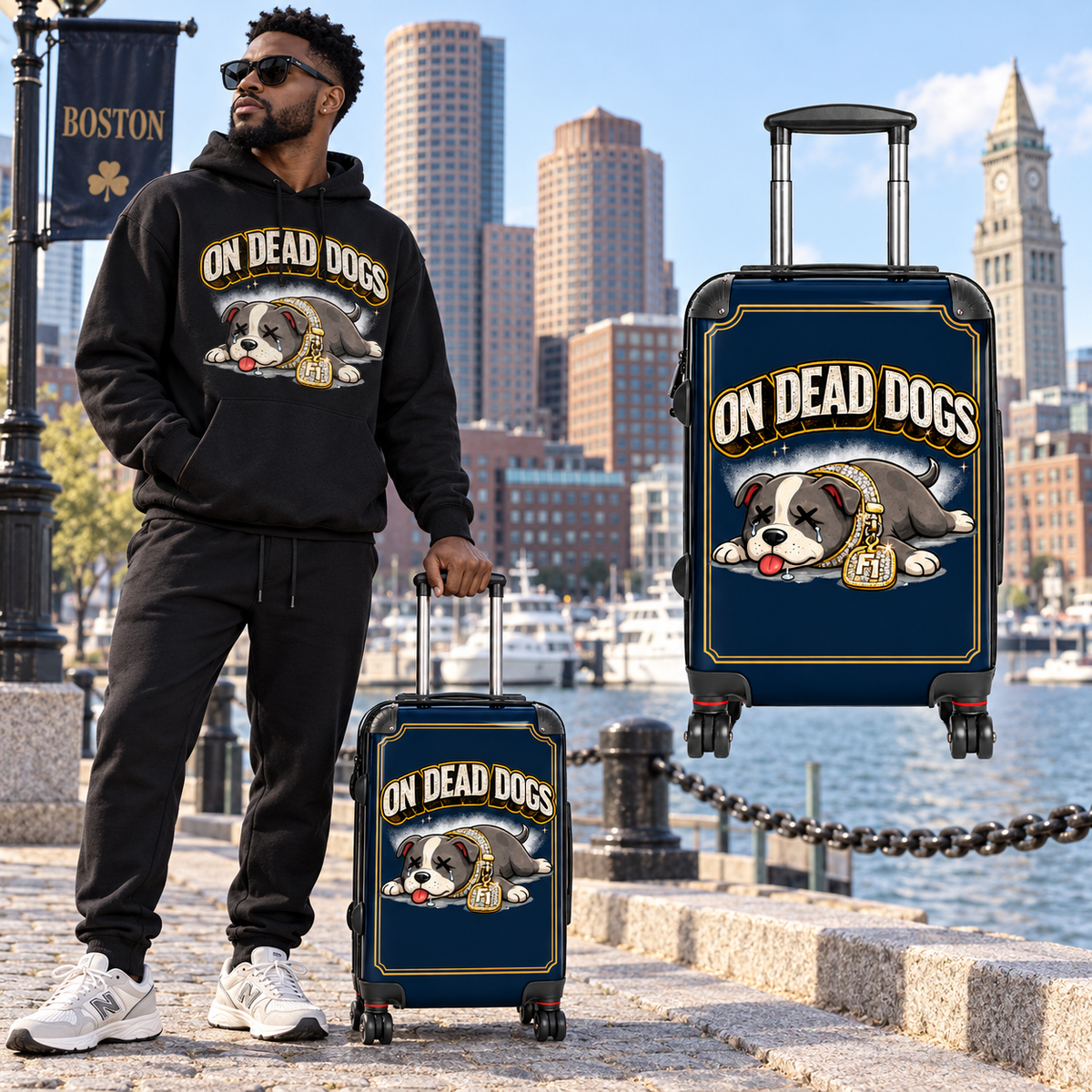 Black model in Boston with the On Dead Midnight Original hard-shell suitcase and matching hoodie