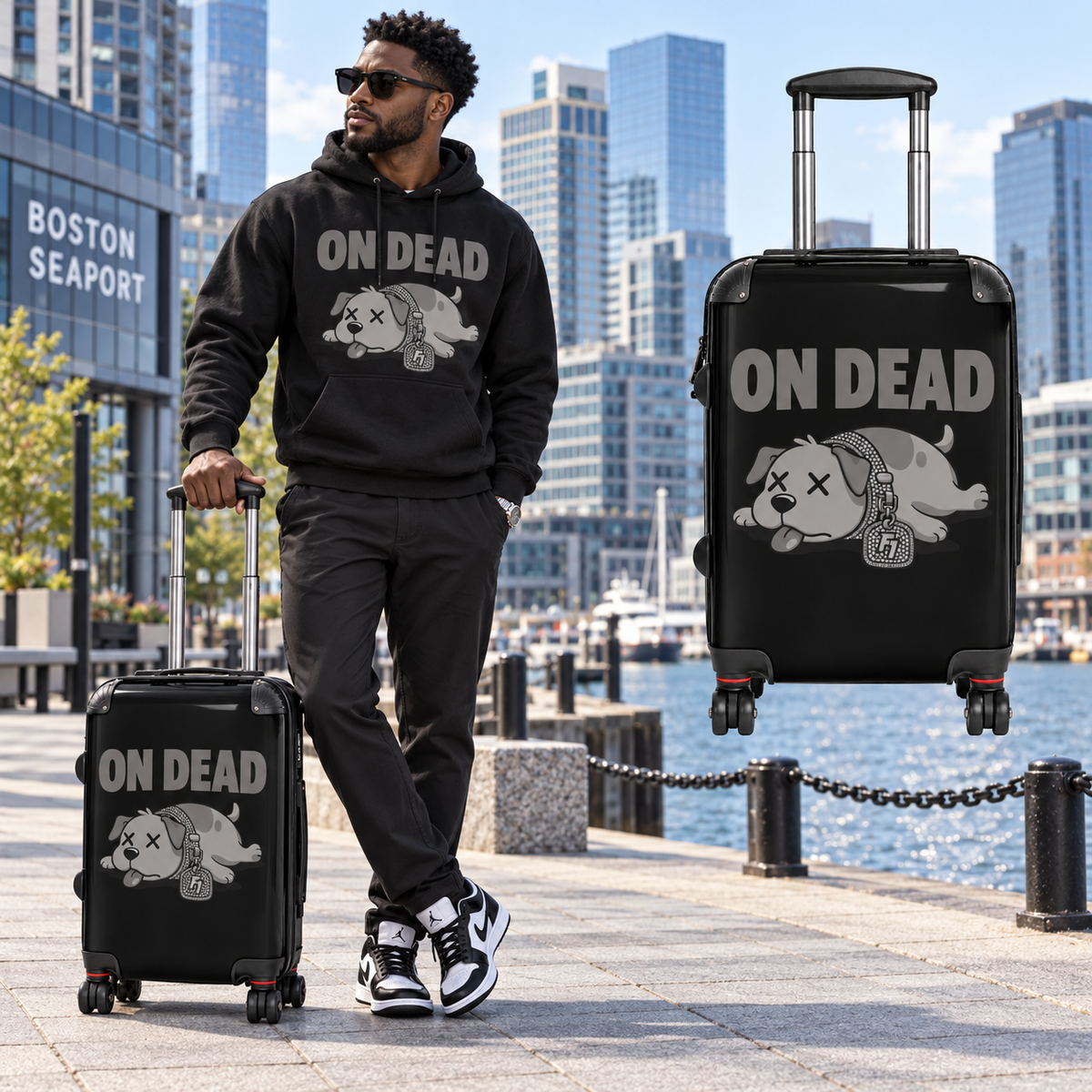 Black model in Boston with the On Dead Monochrome Stealth hard-shell suitcase and matching hoodie