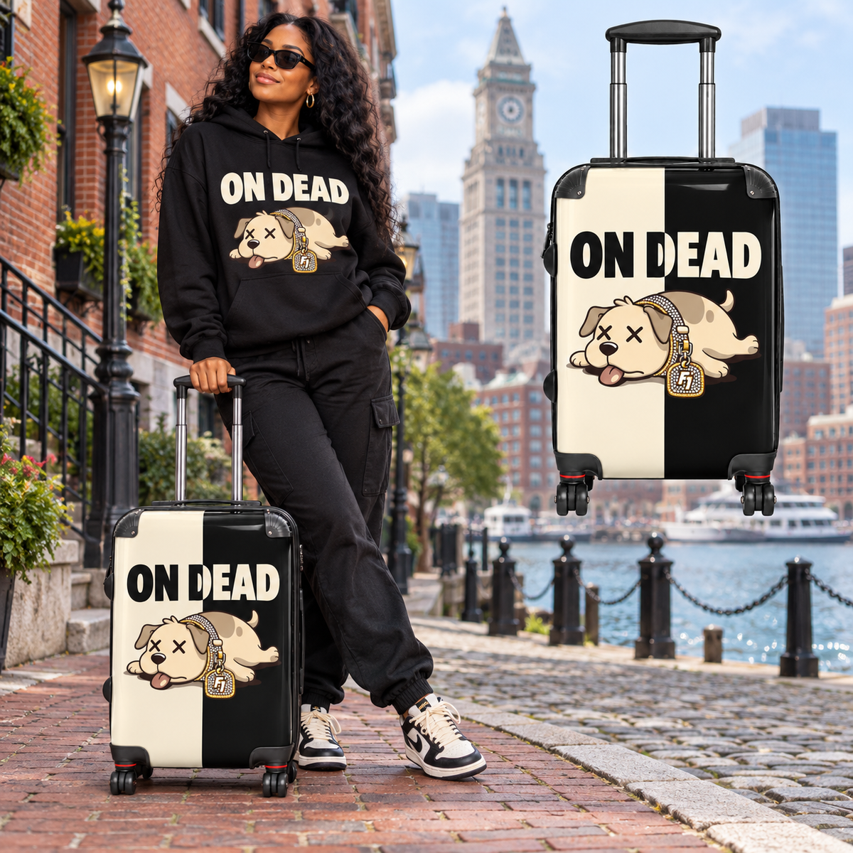 Black model in Boston with the On Dead Split Identity hard-shell suitcase and matching hoodie