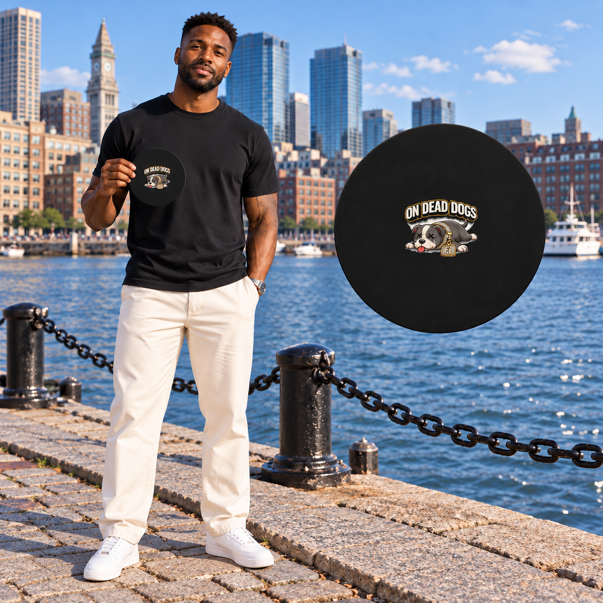 Black adult model holding the On Dead Dogs Round Mouse Pad in Boston, with matching floating pad.