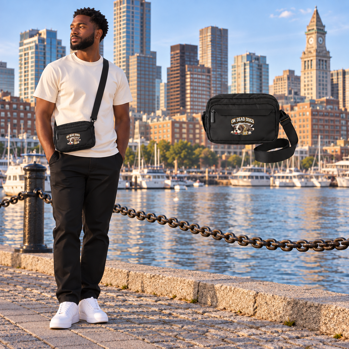 Black adult model in Boston wearing the On Dead Dogs Urban Crossbody Bag with matching floating black bag.