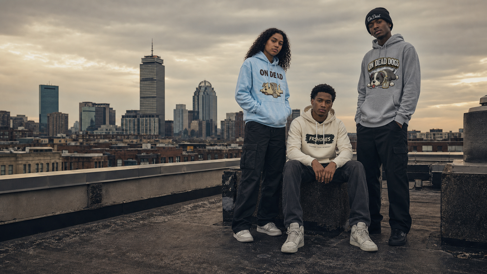 Three FRSHONES models wearing On Dead and FRSHONES hoodies on a Boston rooftop