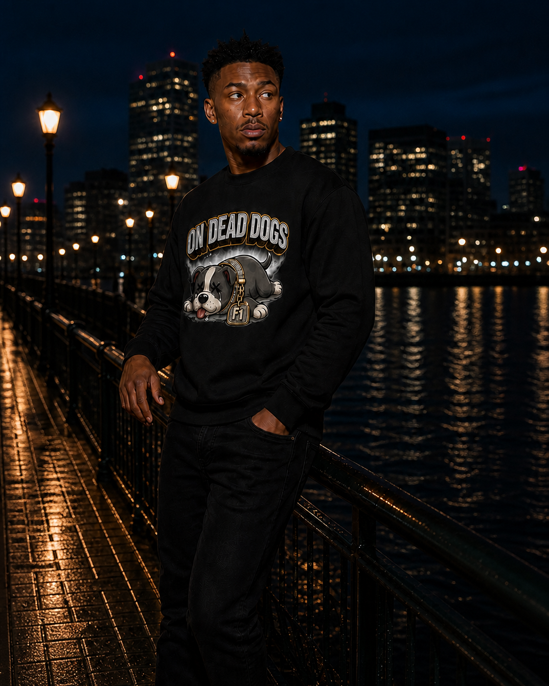 Black model wearing On Dead Dogs Crewneck in Boston