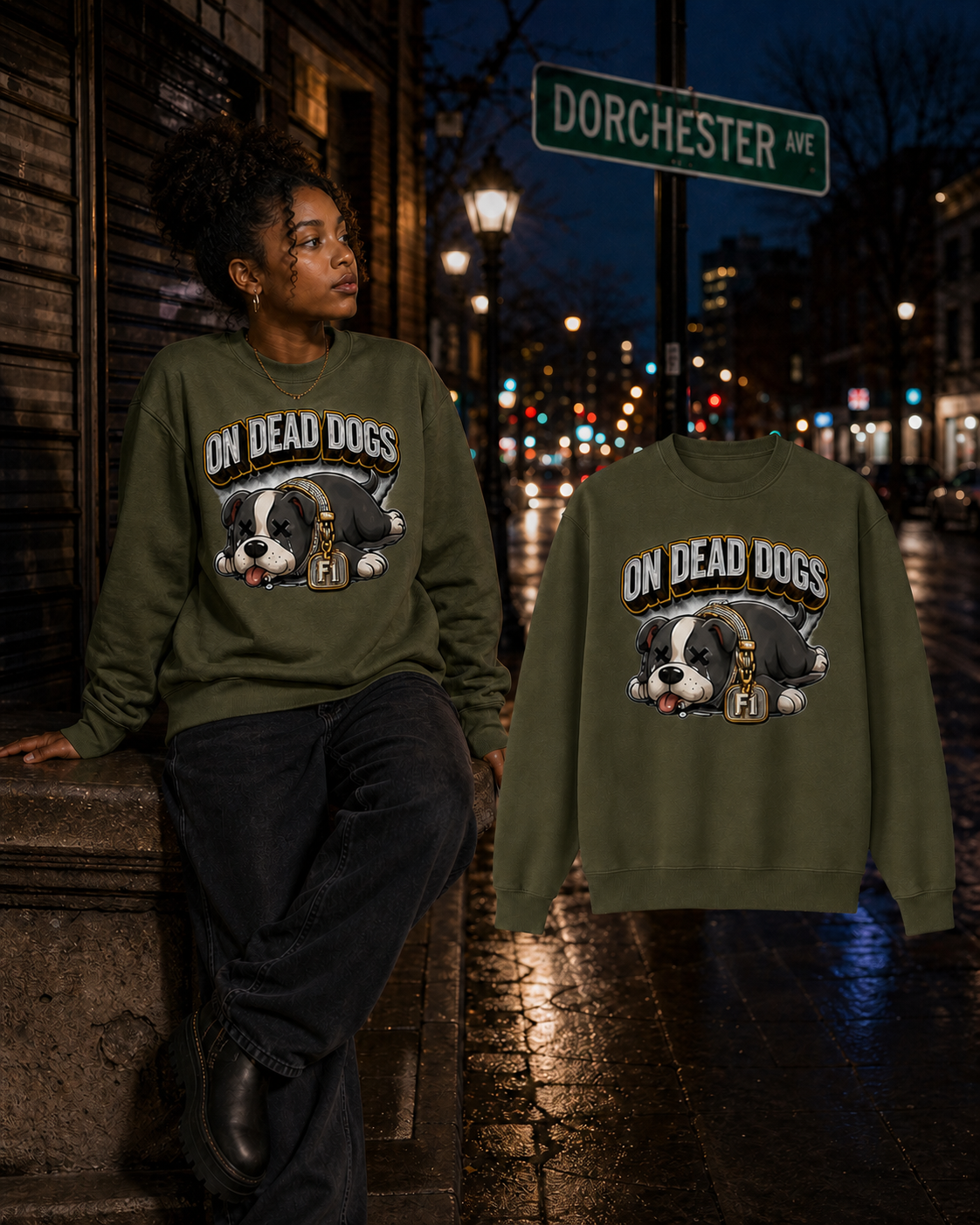 Black model wearing the Military Green On Dead Dogs crewneck beside the matching garment in Boston
