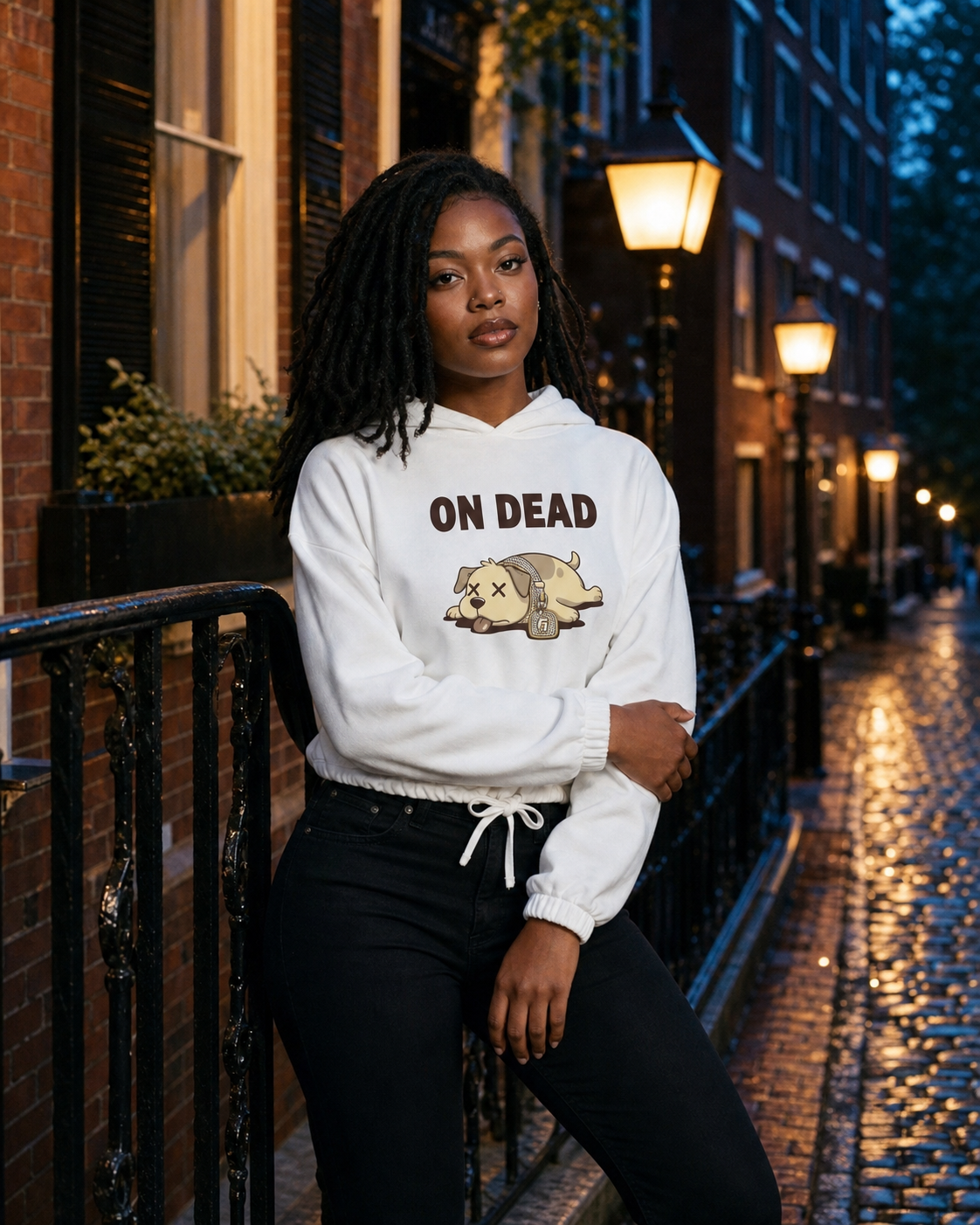 Black model wearing Premium On Dead Tri Cropped Oversize Hoodie in Boston