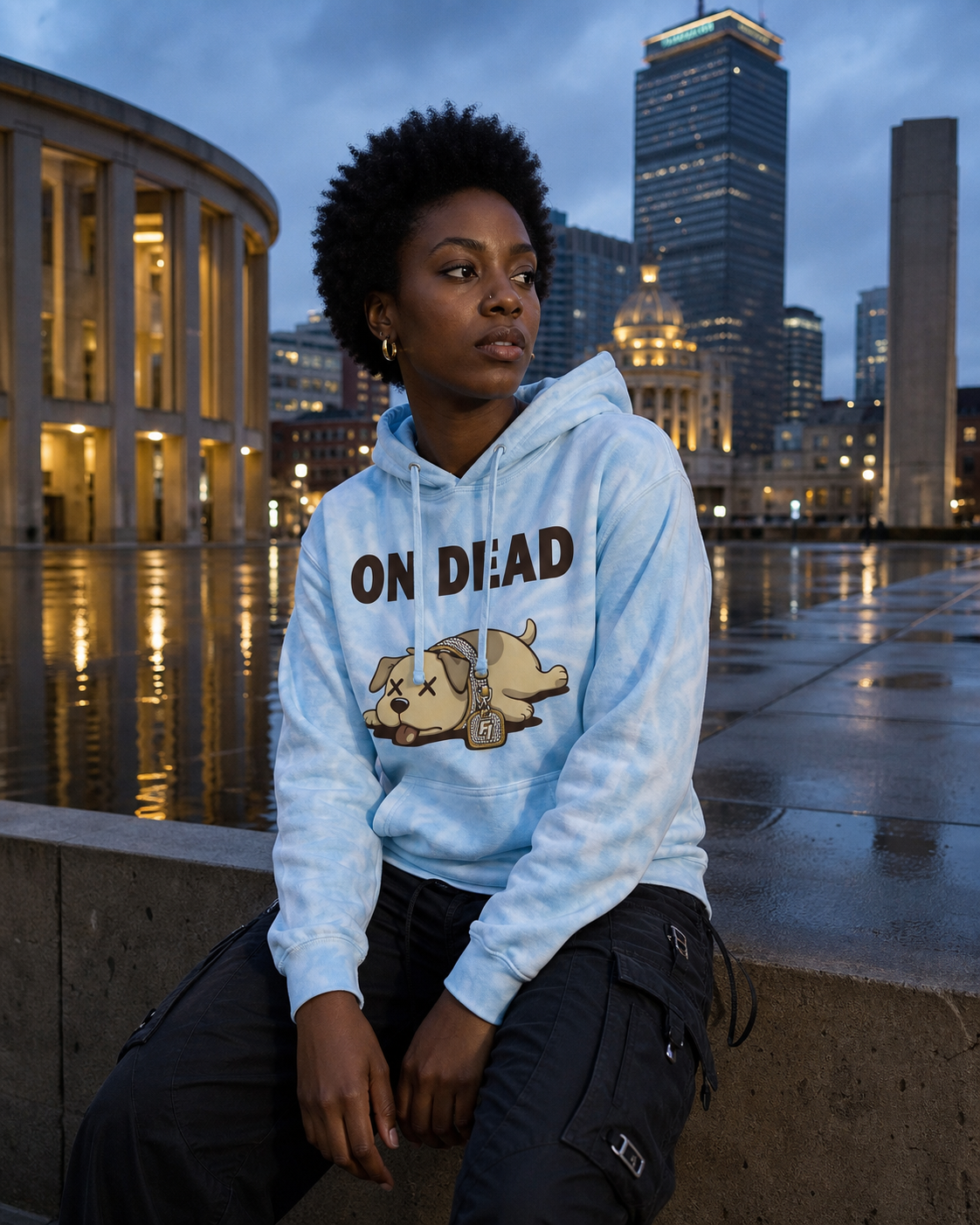 Black model wearing Premium On Dead Hoodie in Boston