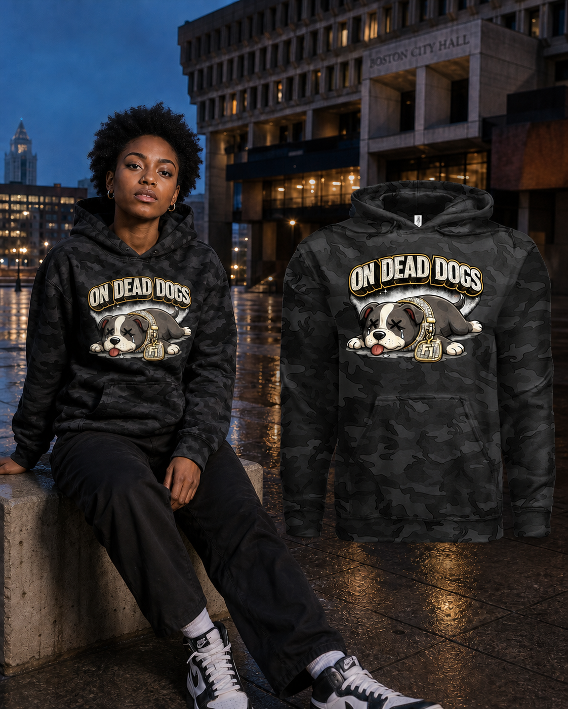 Black model wearing the Black Camo On Dead Dogs hoodie beside the matching garment in Boston