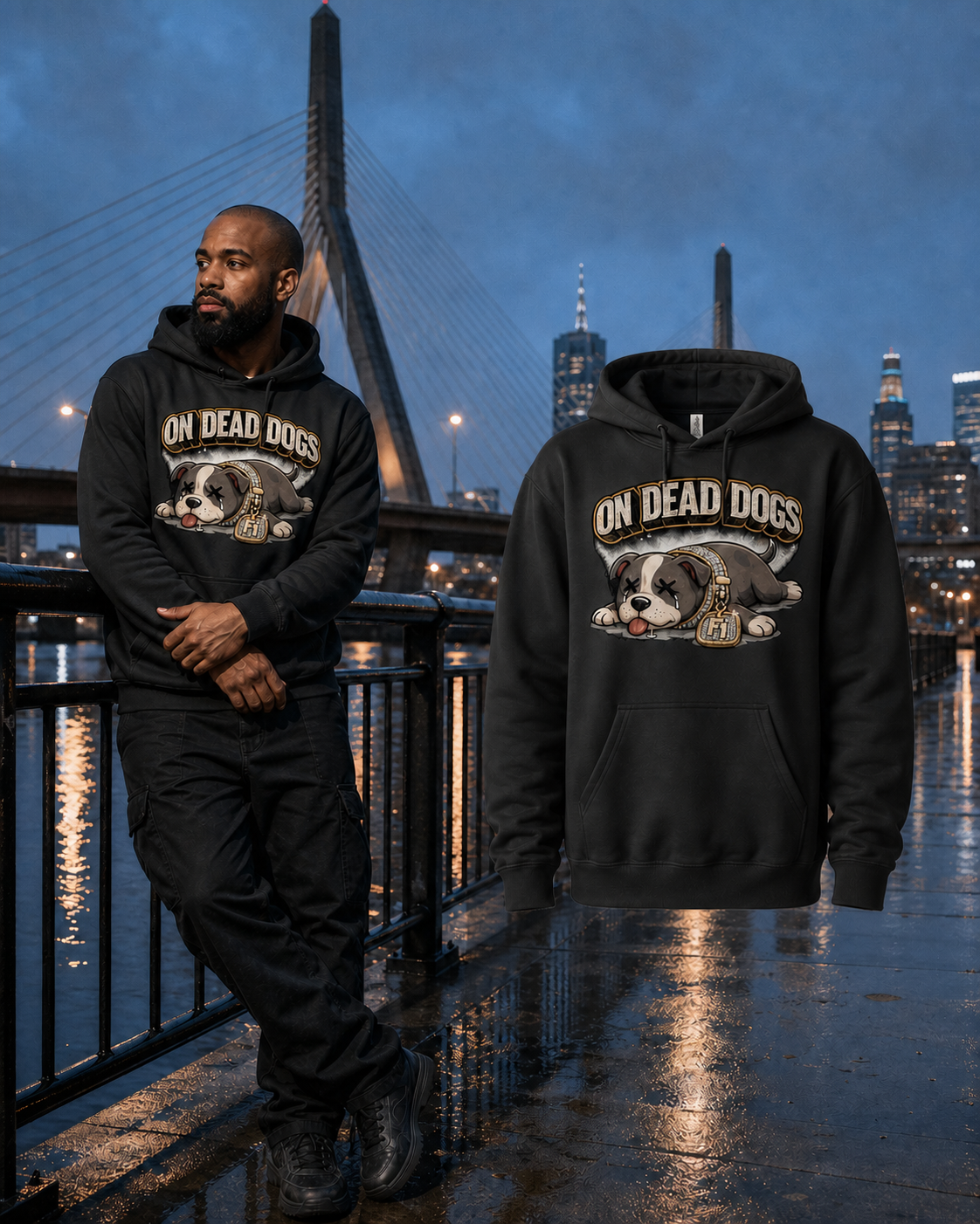 Black model wearing the Black On Dead Dogs hoodie beside the matching garment in Boston