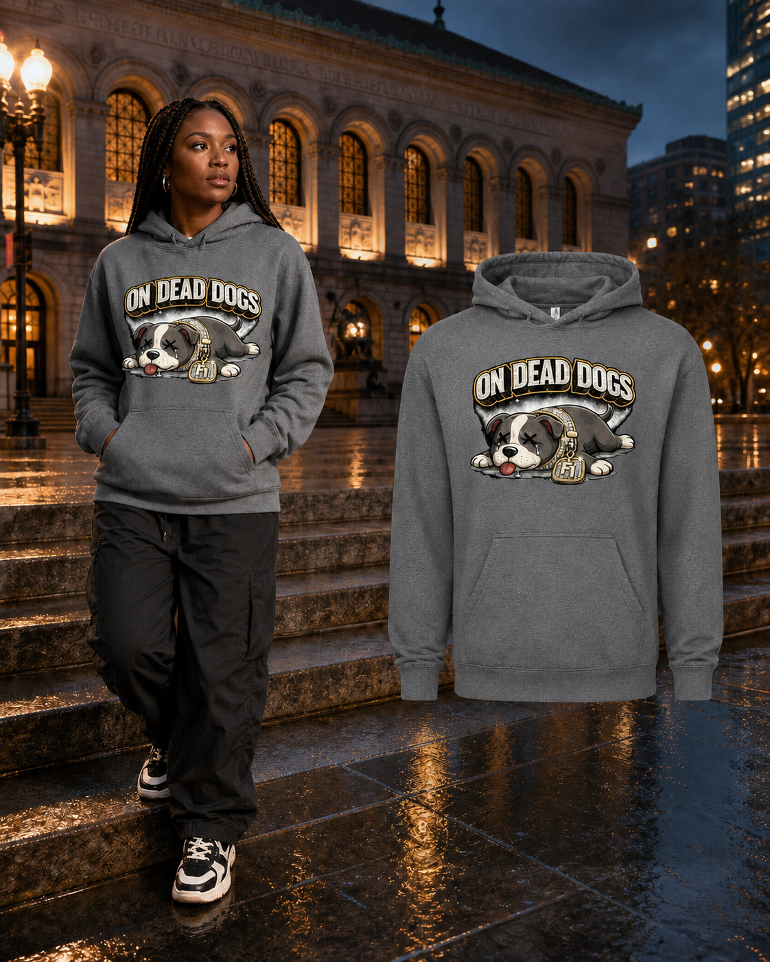 Black model wearing the Gunmetal Heather On Dead Dogs hoodie beside the matching garment in Boston