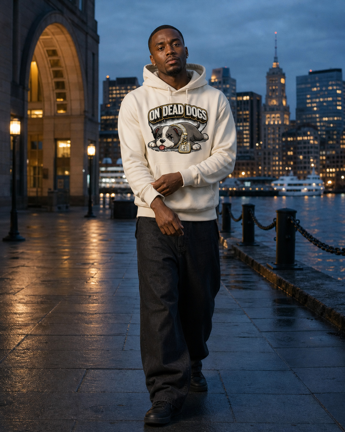 Black model wearing Premium On Dead Dogs Hoodie in Boston