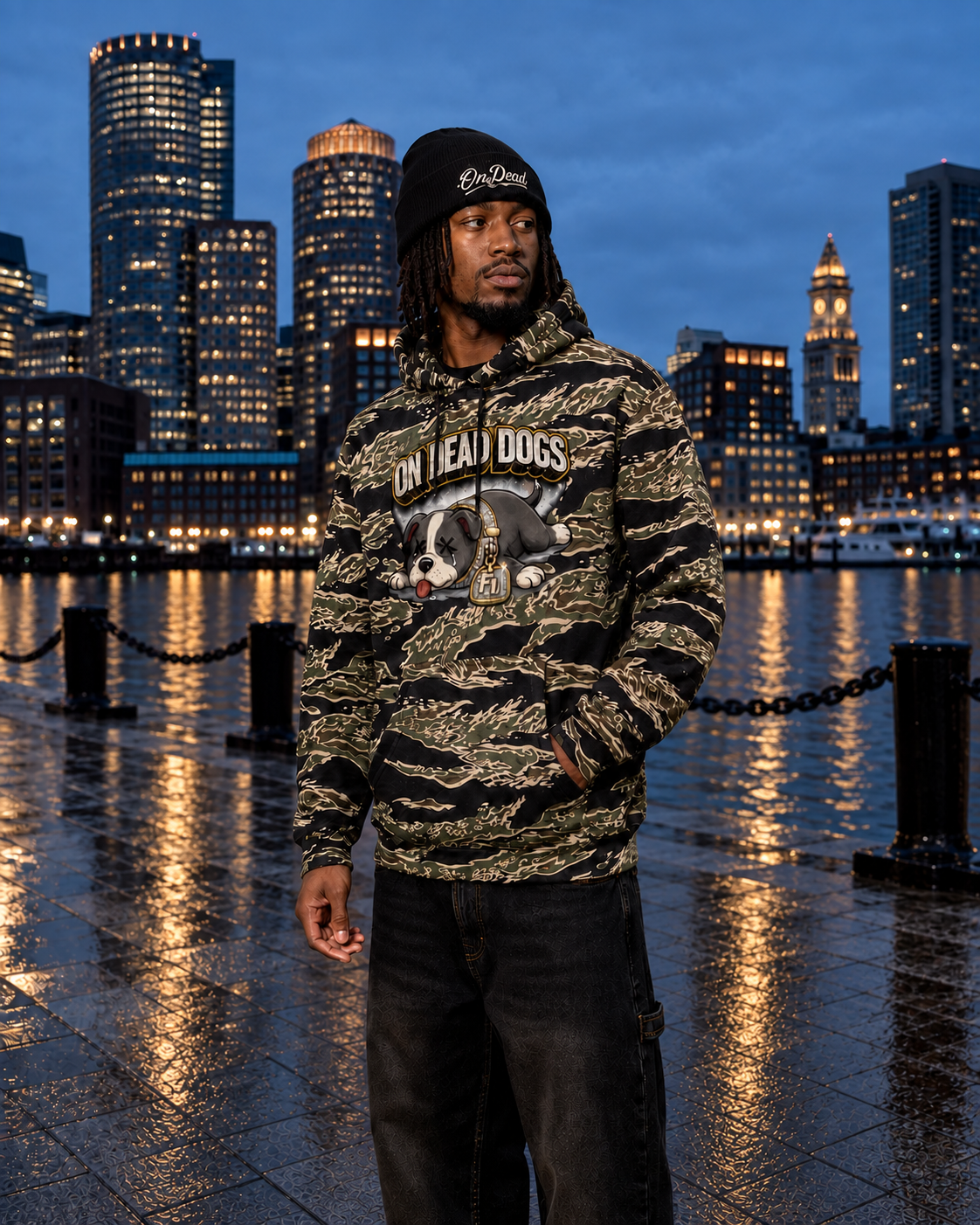 Black model wearing On Dead Beanie in Boston