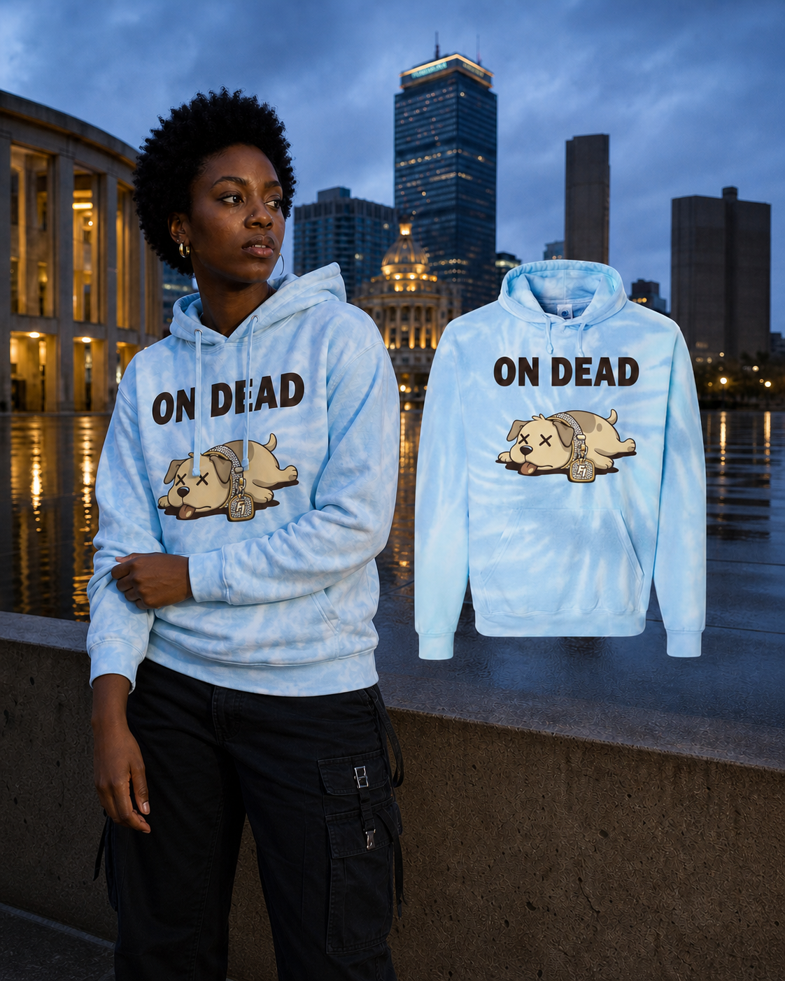 Black female model standing in the Lagoon On Dead hoodie beside the matching floating garment at Boston City Hall Plaza