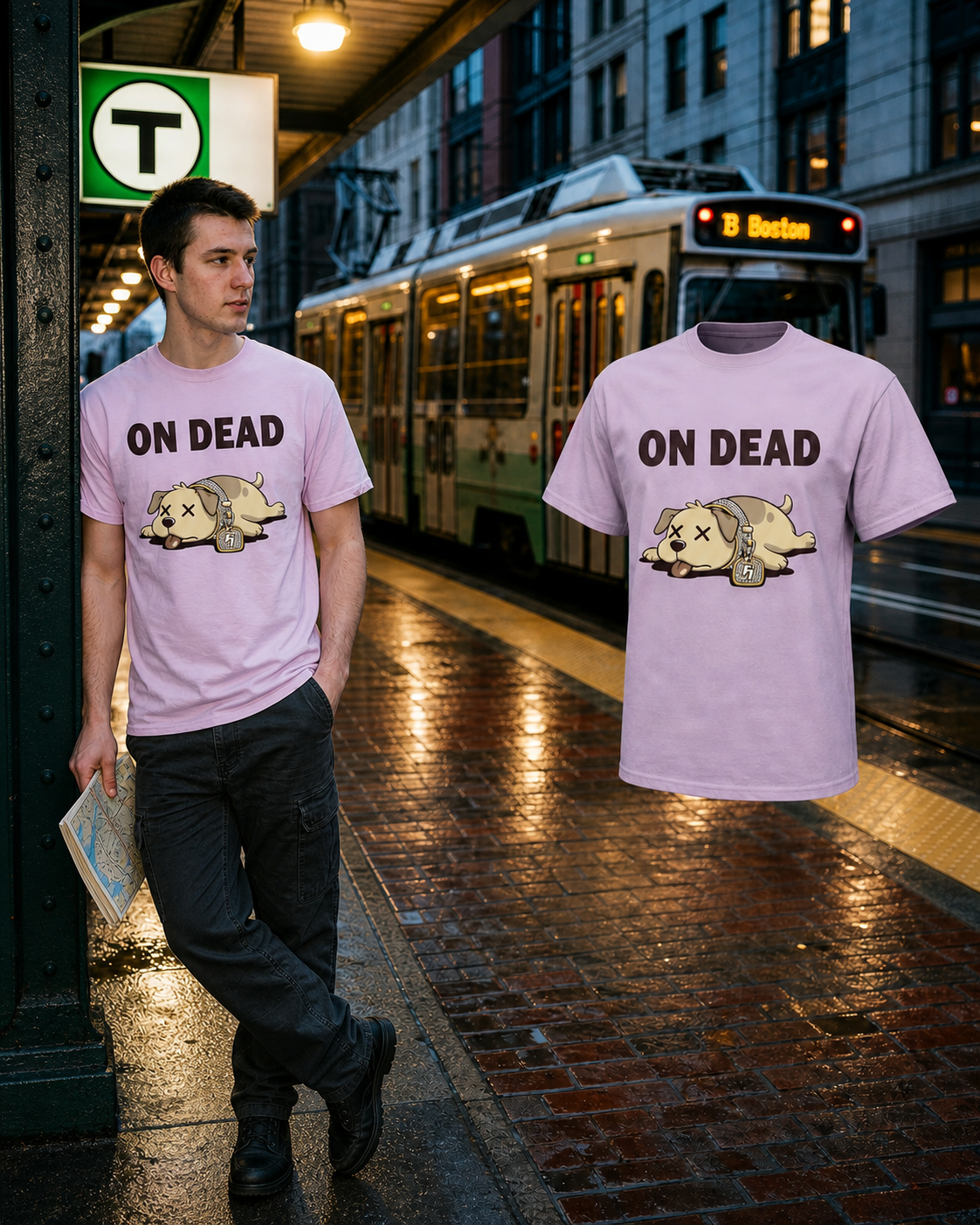 Male model wearing the Orchid On Dead T-shirt beside the matching garment at a Boston Green Line stop
