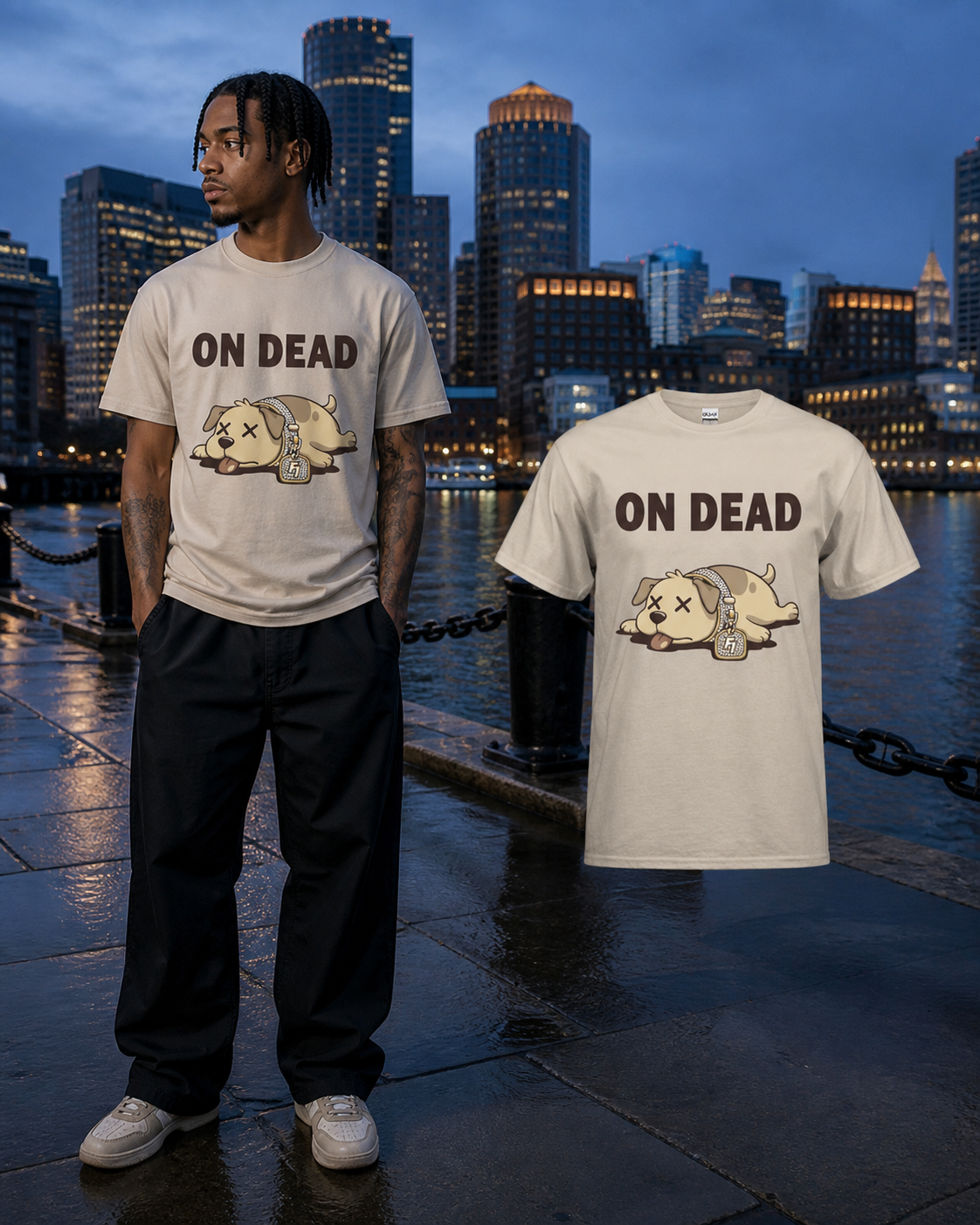 Black model wearing the Sand On Dead T-shirt beside the matching garment on the Boston Harborwalk