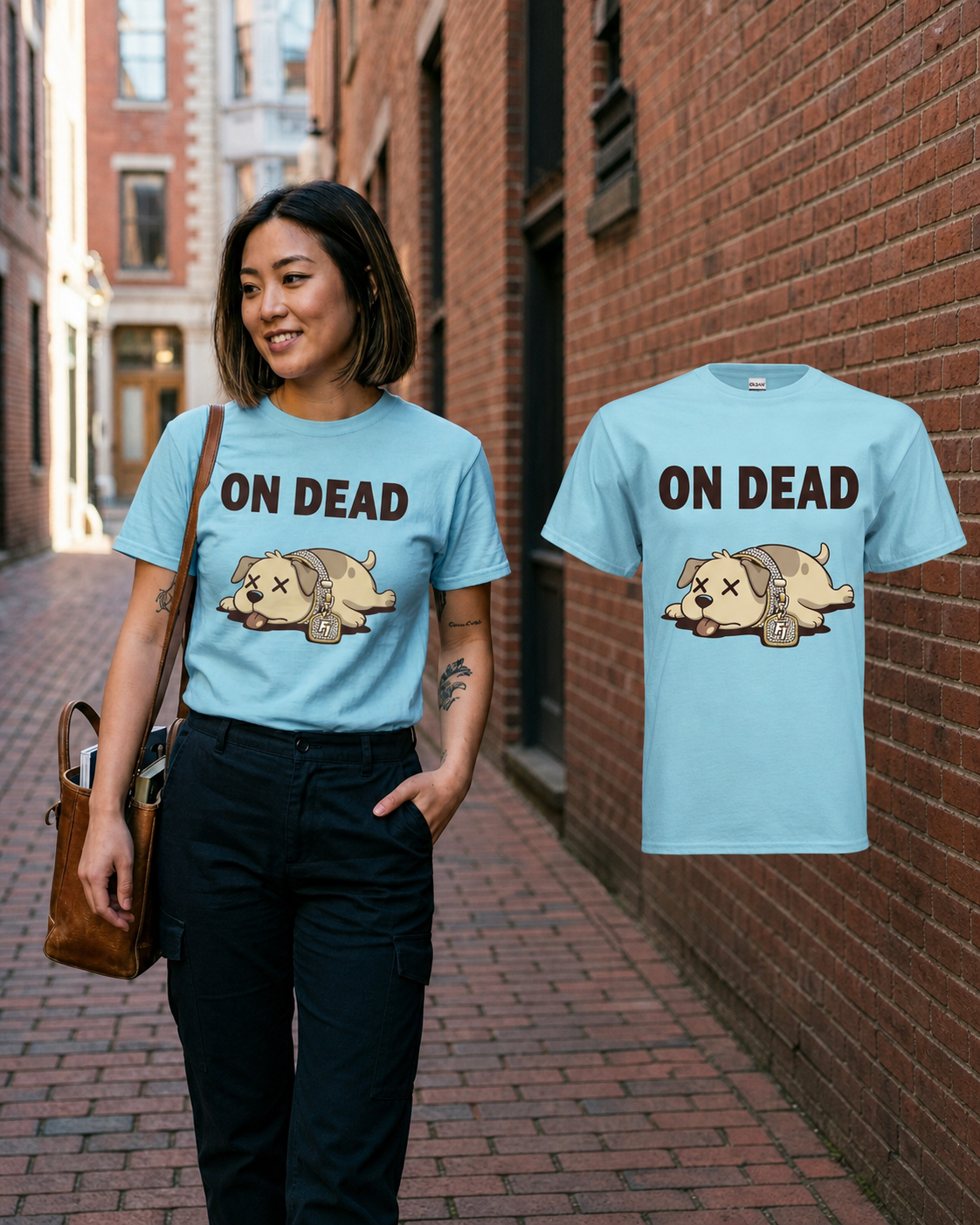 Female model wearing the Sky On Dead T-shirt beside the matching garment on a Boston brick street