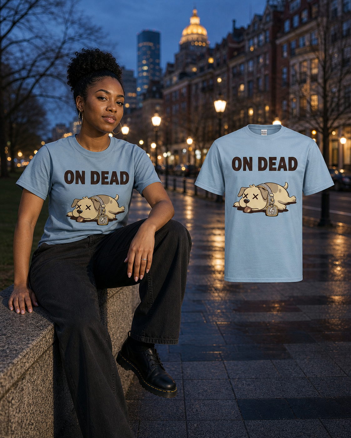 Black female model wearing the Stone Blue On Dead T-shirt beside the matching garment at Boston Common