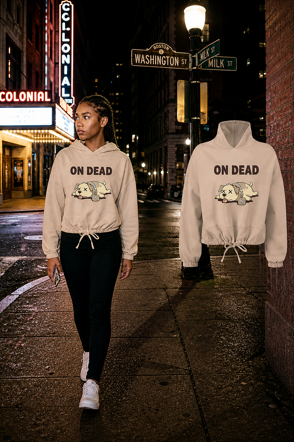 Female model walking in the Nude On Dead cropped hoodie with clear separation from the matching floating garment near Boston's Colonial Theatre