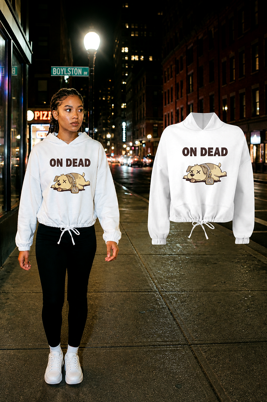 Female model wearing the White On Dead cropped hoodie beside the matching floating garment on Boylston Street in Boston