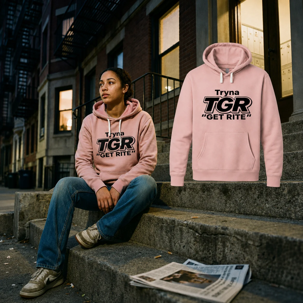 Desert Pink TGR hoodie model seated beside the matching floating garment on a Boston stoop