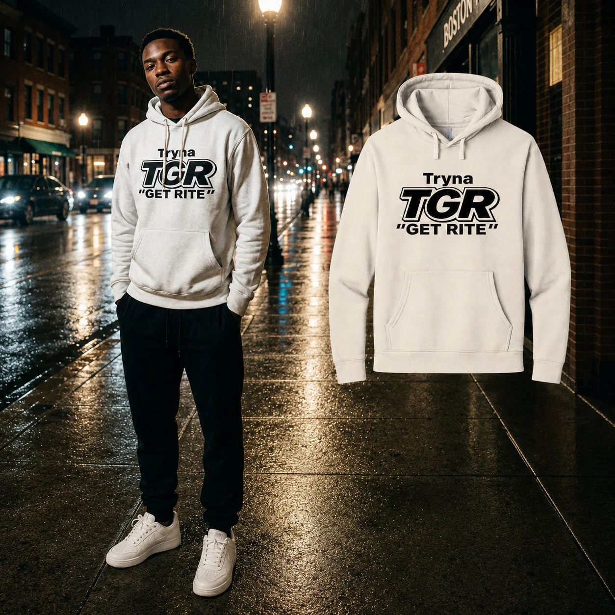 Natural TGR hoodie model beside the matching floating garment on a Boston street at night