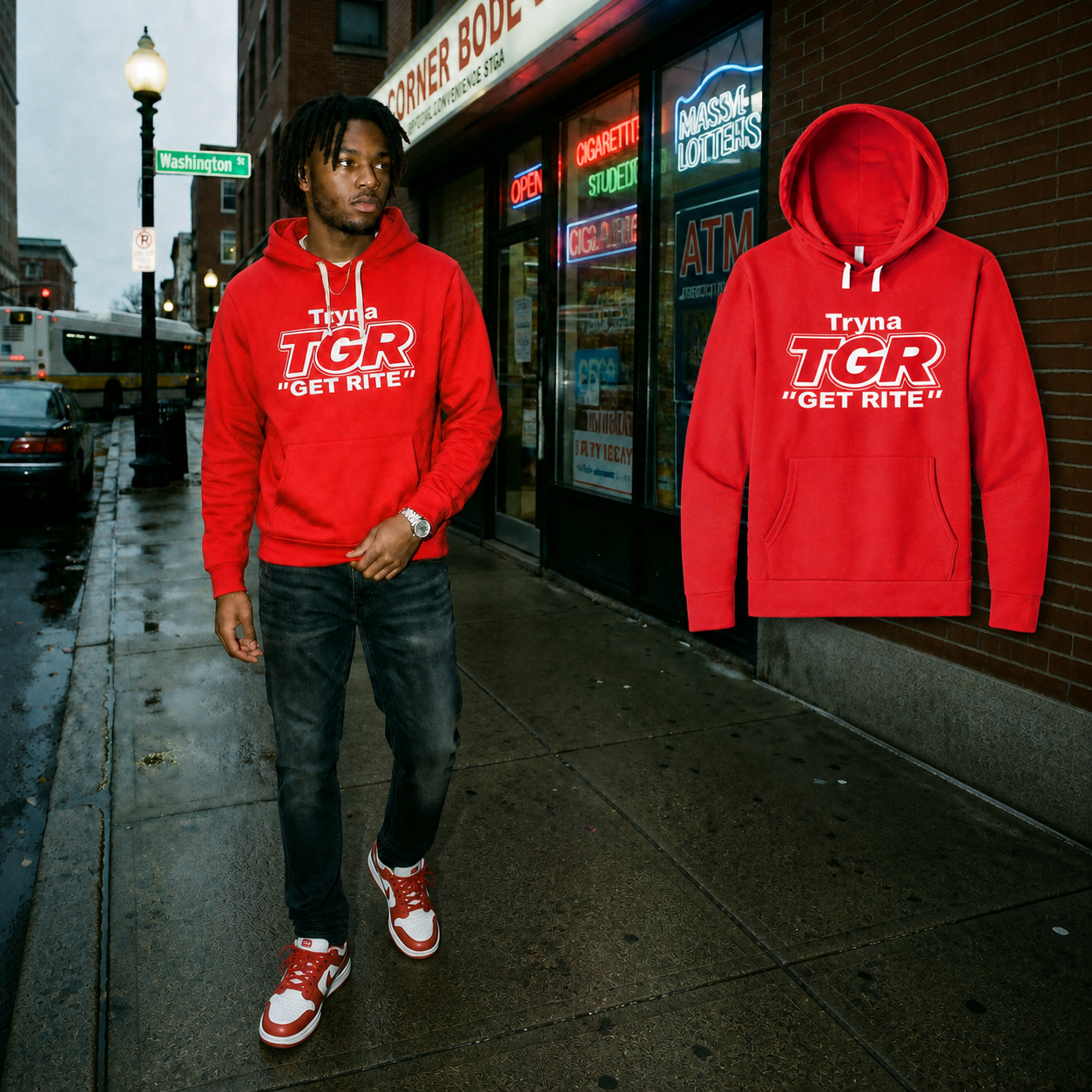 Original Red TGR hoodie model beside the matching fully visible floating garment on a Boston street