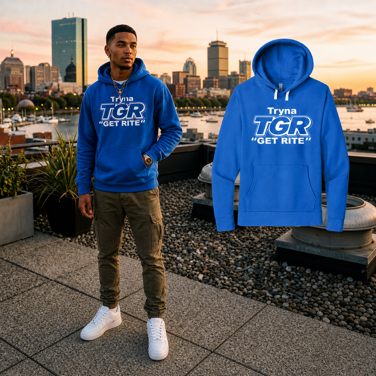Original Royal TGR hoodie model beside the matching fully visible floating garment on a Boston rooftop
