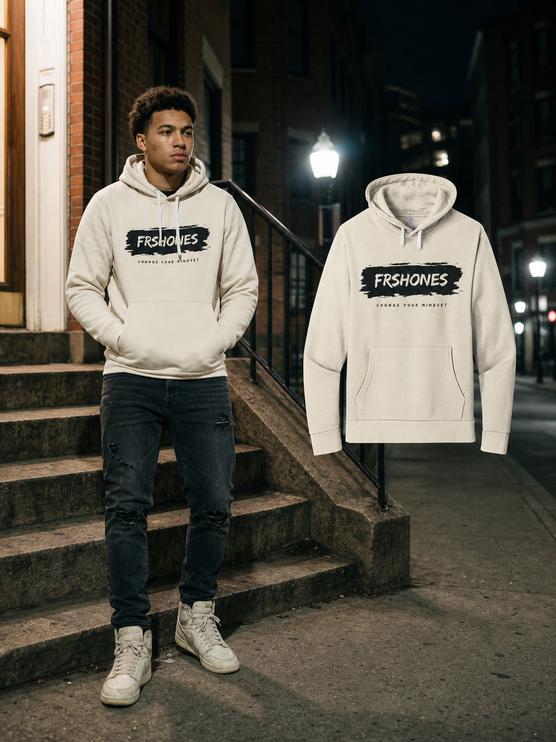 Different model wearing the Natural Hoodie / Black Stroke Premium Stroke of Genius hoodie beside the matching floating garment in Boston