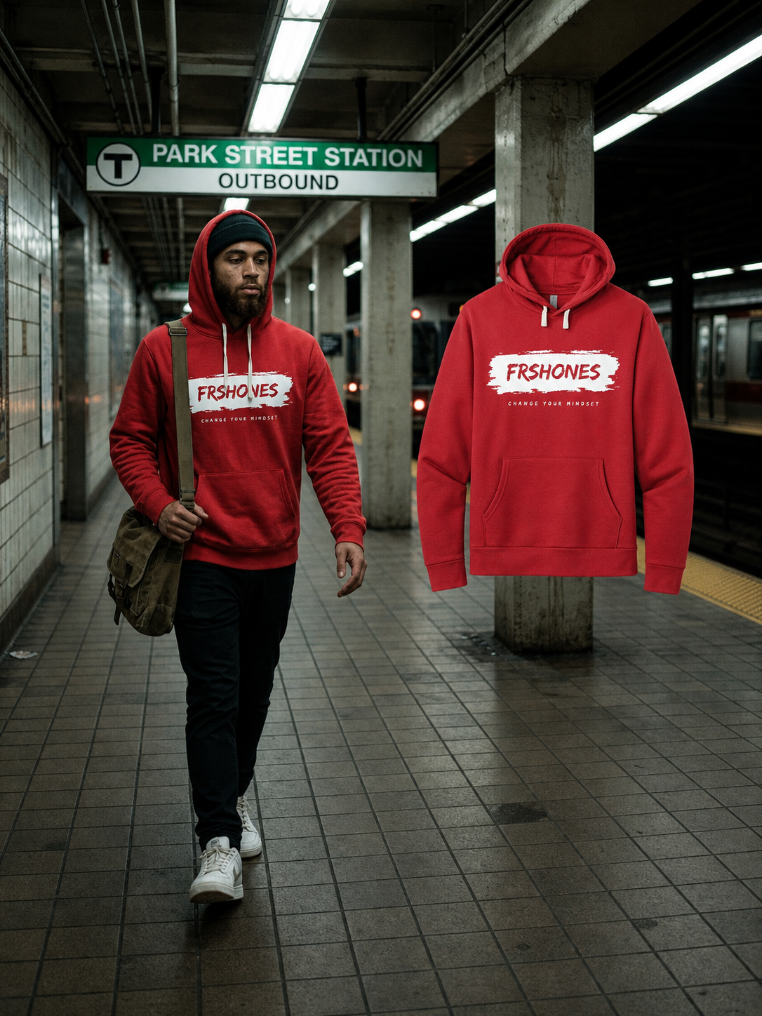 Different model wearing the Red Hoodie / White Stroke Premium Stroke of Genius hoodie beside the matching floating garment in Boston