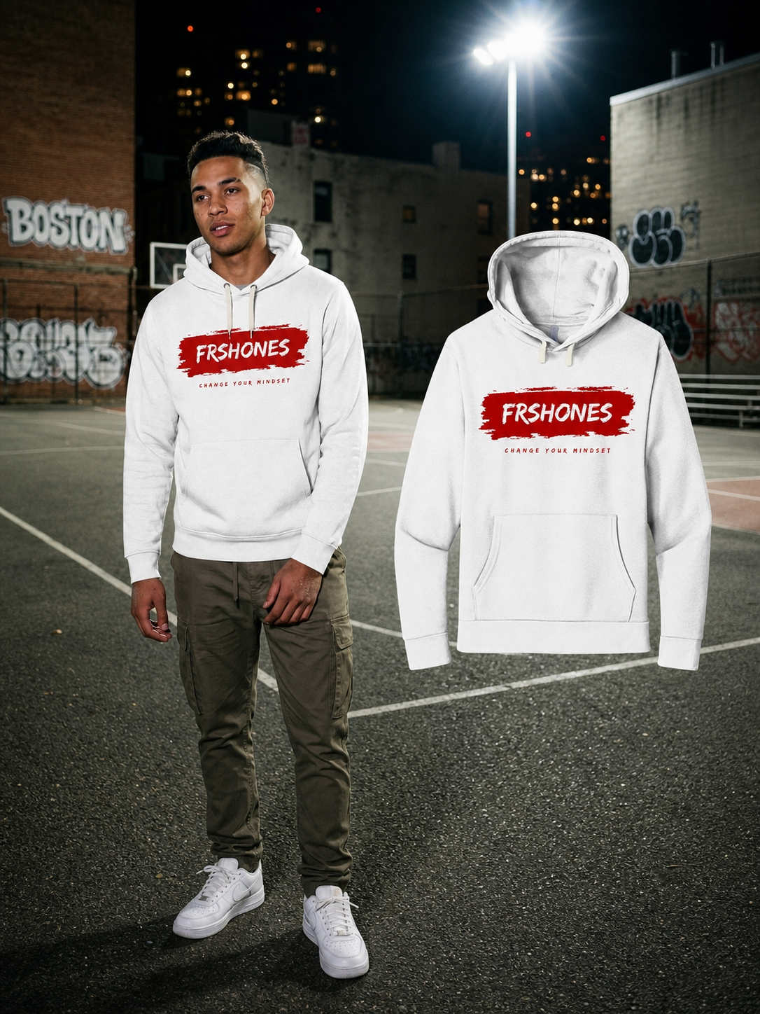 Different model wearing the White Hoodie / Red Stroke Premium Stroke of Genius hoodie beside the matching floating garment in Boston