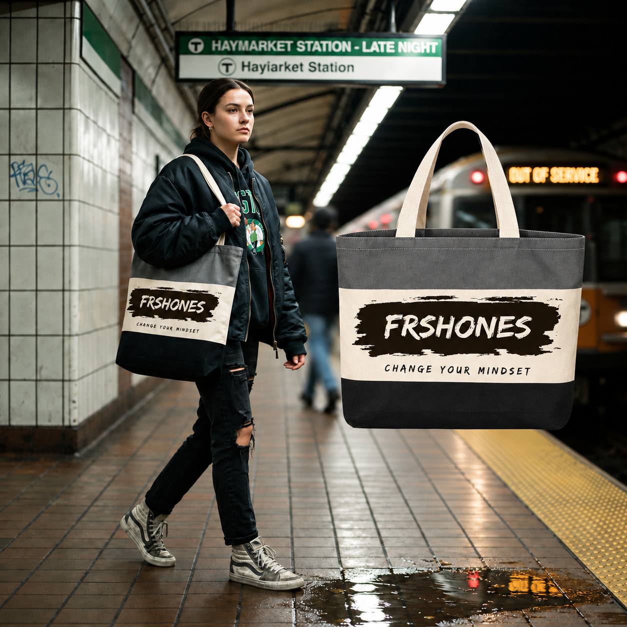 Original Boston model carrying the Black/ Natural/ Light Grey Stroke of Genius tote beside the matching floating tote