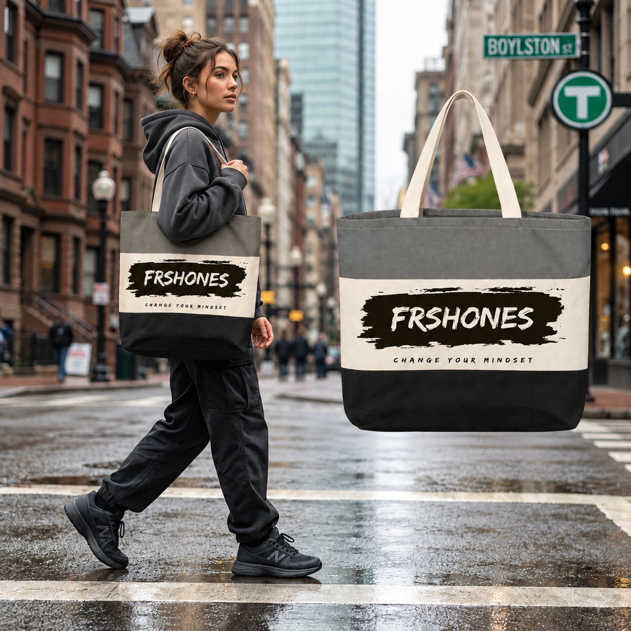 Original Boston model carrying the Black/ Natural/ Light Grey Stroke of Genius tote beside the matching floating tote