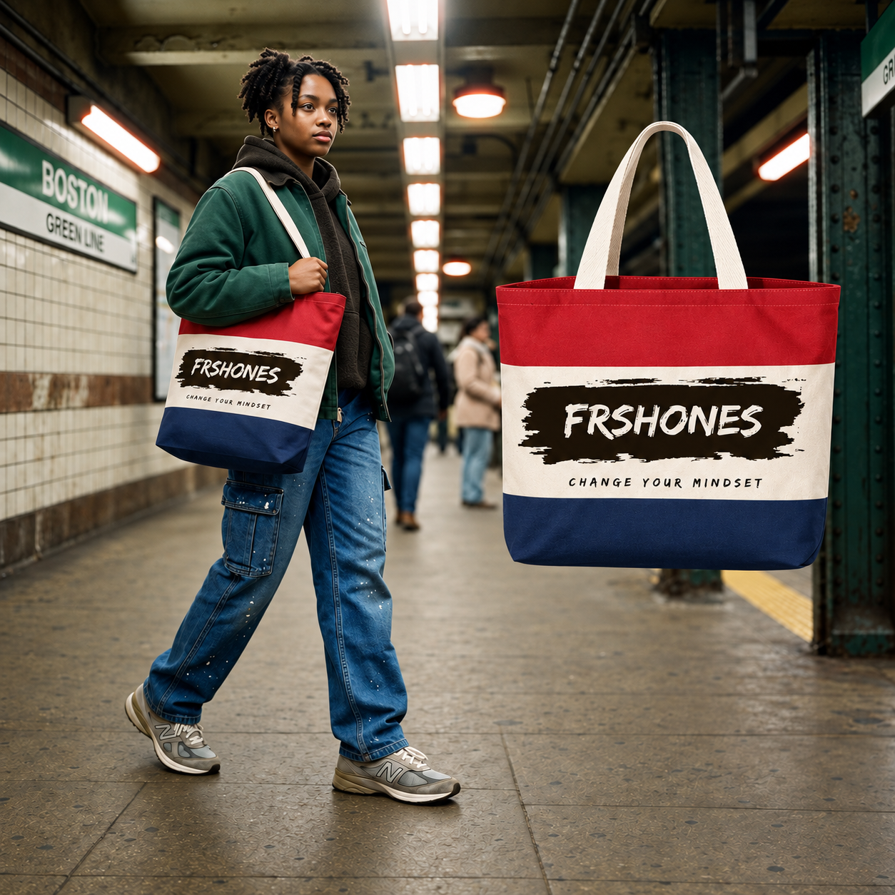 Original Boston model carrying the Navy/ Natural/ Red Stroke of Genius tote beside the matching floating tote