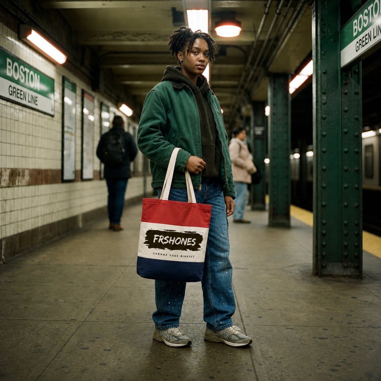 Black model wearing Stoke Of Genius Tote Bag in Boston