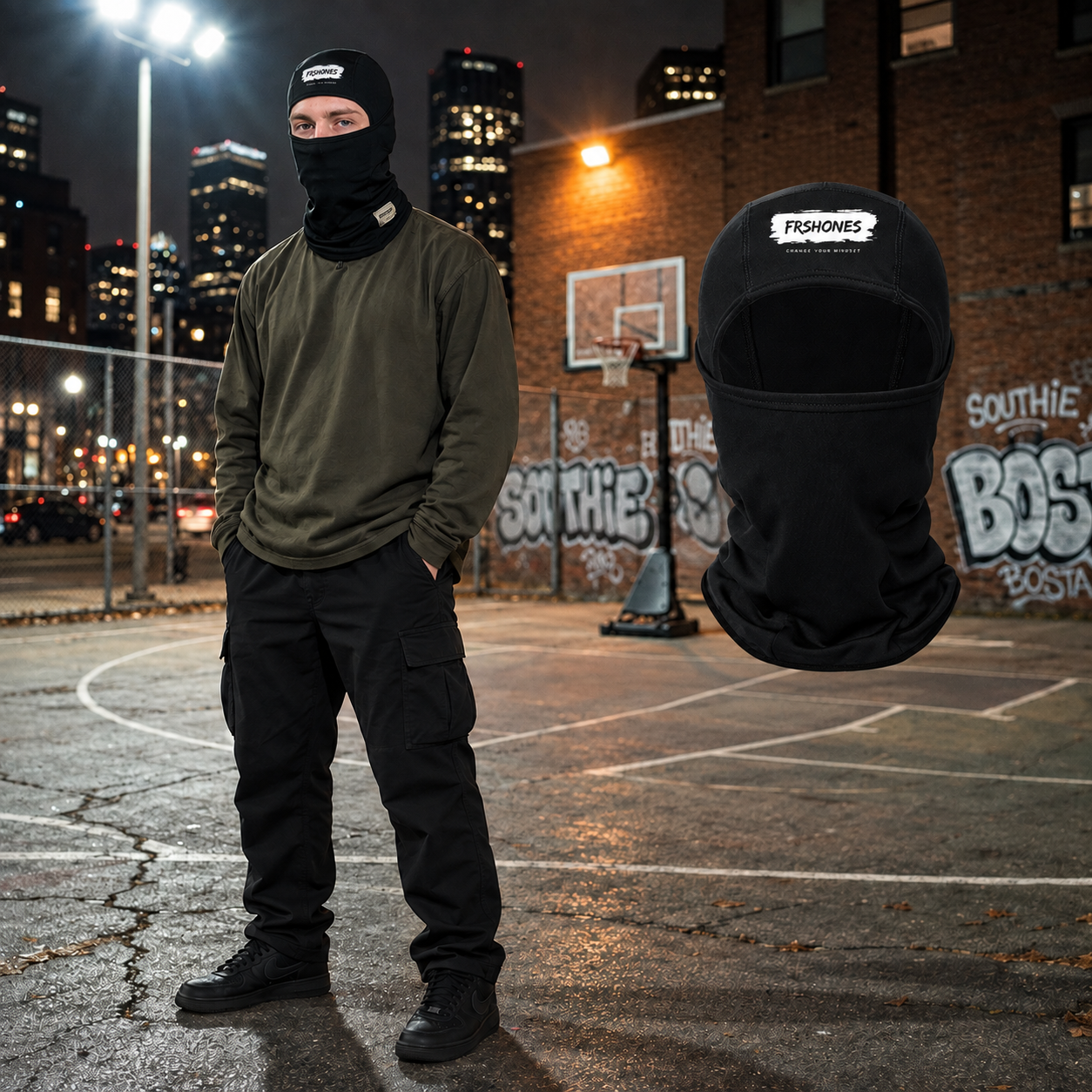 Original model wearing the black Stroke of Genius ski mask beside the matching floating mask on the nighttime basketball court