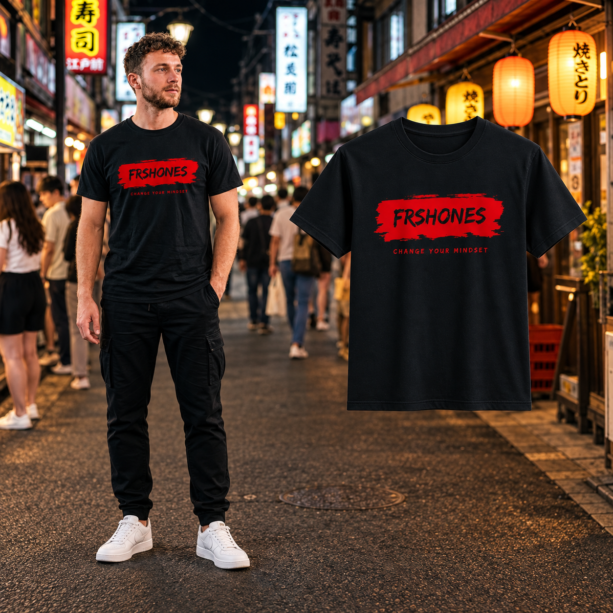 Black Stroke of Genius T-shirt model beside the matching floating garment