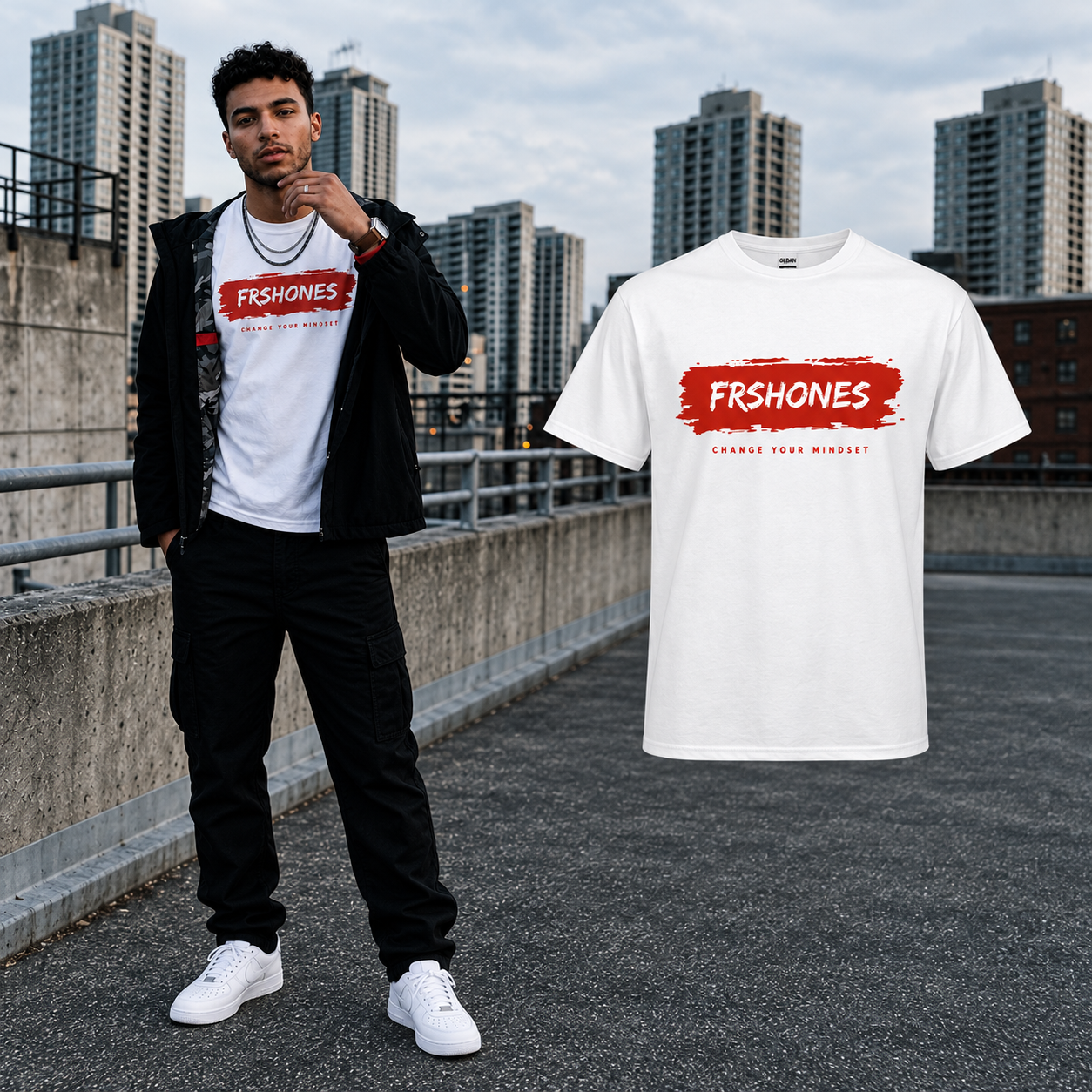 White Stroke of Genius T-shirt model beside the matching floating garment