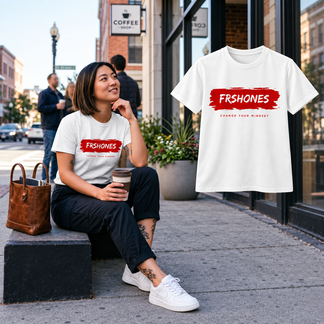White Stroke of Genius T-shirt model beside the matching floating garment