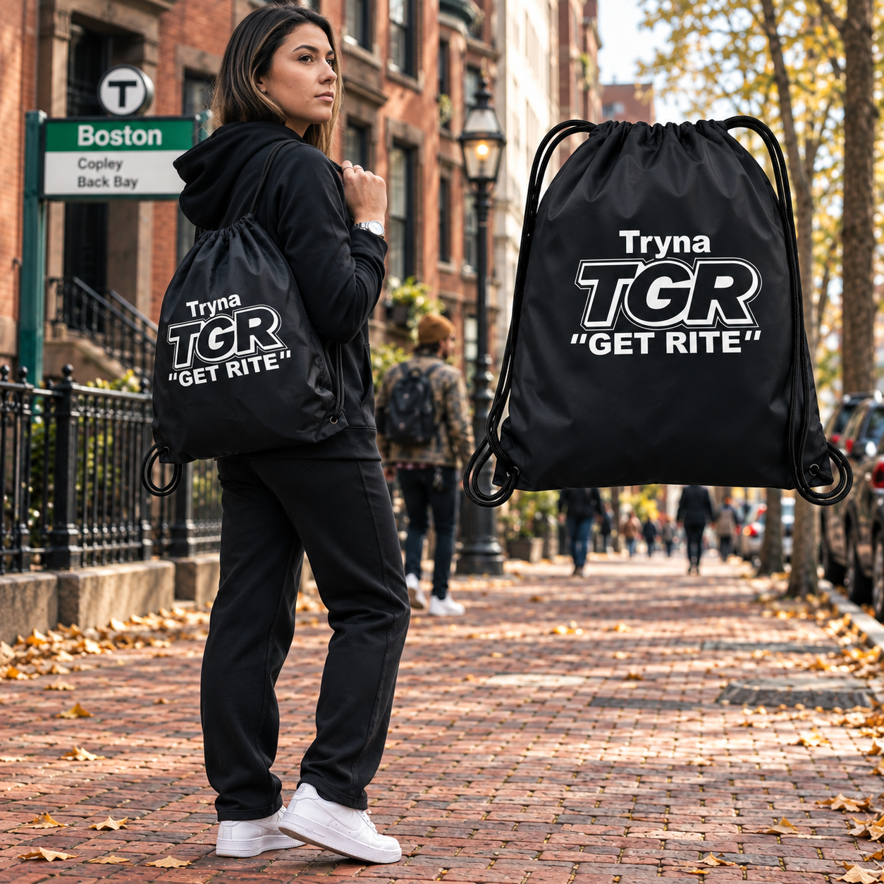 Full-body model carrying the Black TGR bag beside its matching floating bag in Boston