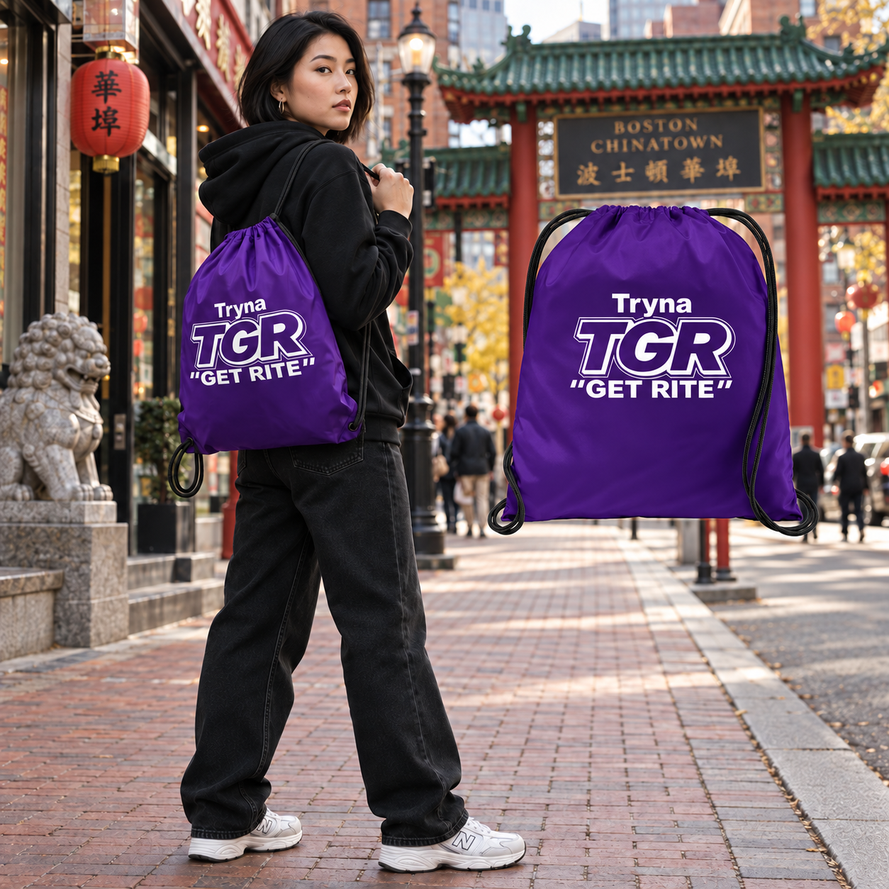 Model carrying the Purple TGR bag beside its matching floating bag in Boston