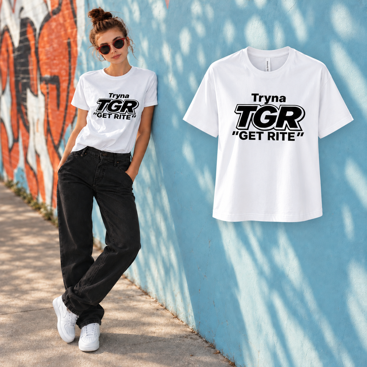 White TGR crop tee model beside the matching shoulder-height floating garment against the original colorful wall